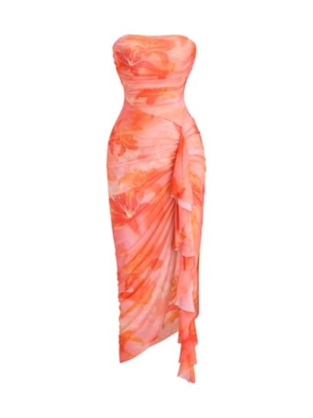 Strapless Floral Bodycon Midi Dress Ruched Wrap Summer Cocktail